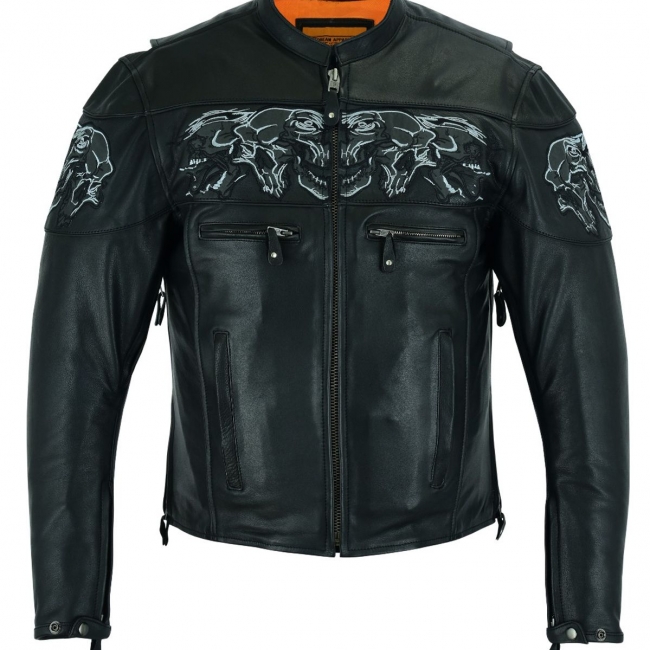 Men's Leather Concealed Carry Racing Jacket W/ Reflective Skulls